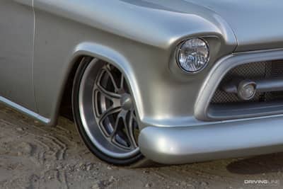 Front wheel of Brian Raposo's Cinderella '57 Chevy 3100 pickup