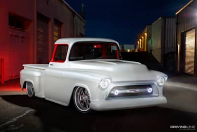 Front of Snow White '57 Chevy Pickup